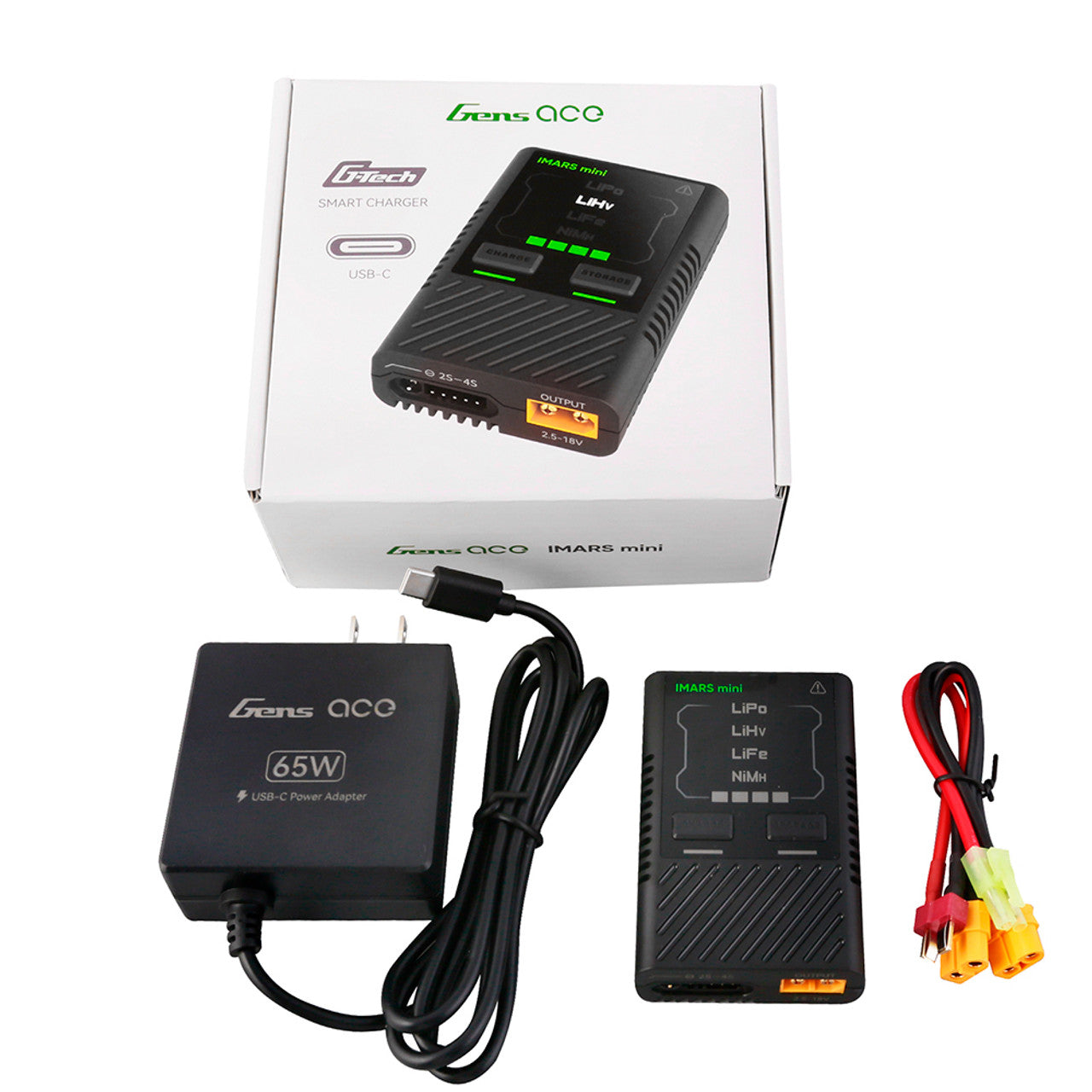 Gens Ace IMARS Mini G-Tech USB-C 2-4S 60W Airsoft Battery Charger With Power Supply Adapter And Adpter Cable-US