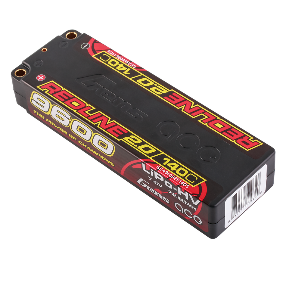 Gens Ace 9600mAh 2S 7.6V 140C HardCase 58# Redline 2.0 Series Lipo Battery With 5.0mm Bullet