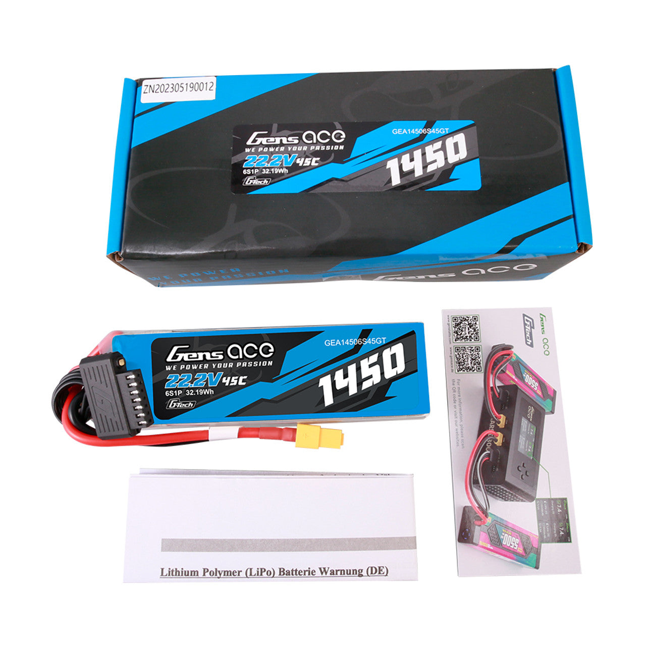 Gens Ace 1450mAh 22.2V 45C 6S1P G-Tech Lipo Battery Pack With XT60 Plug