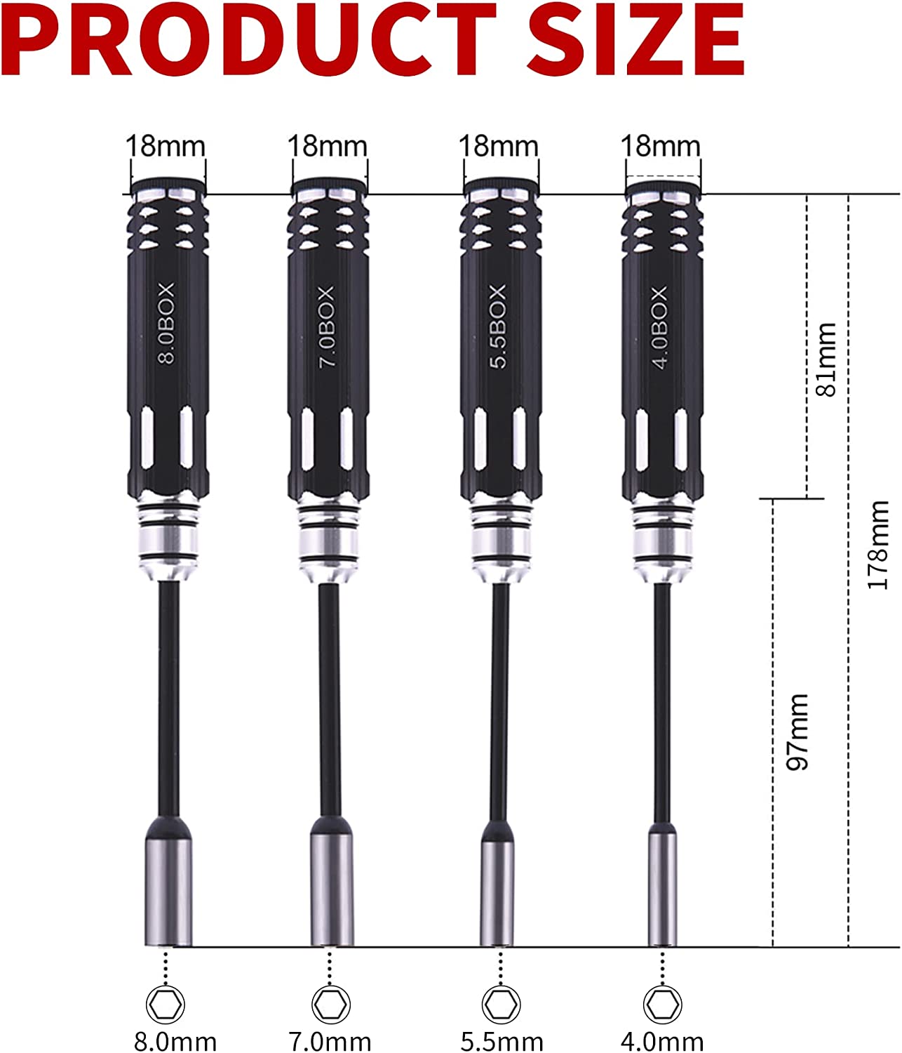 Hex Nut Driver Set 4.0MM, 5.5MM, 7.0MM, 8.0MM 4 pcs