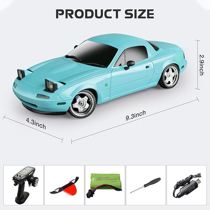 Teal 1/18 RC Drift Car, LD1804 Mini Mazda MX-5 Remote Control High Speed Drifting Car RTF, 2.4GHz RWD Miata RC Vehicles with Gyro LED Lights