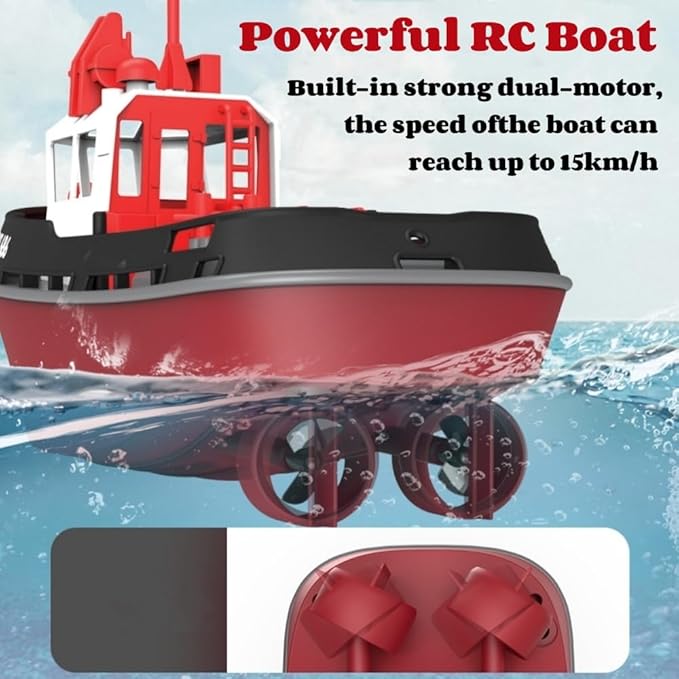 RC Boat, 1/72 RC Tugboat for Pools and Lakes, 2.4Ghz High-Speed Remote Control Boat with LED Lights and Low Battery Alarm