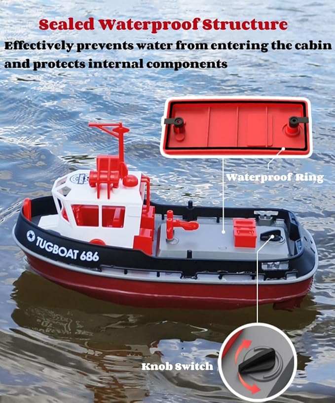 RC Boat, 1/72 RC Tugboat for Pools and Lakes, 2.4Ghz High-Speed Remote Control Boat with LED Lights and Low Battery Alarm