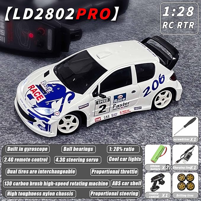 LDRC 2802PRO 1/28 Mini RC Drift Car GTR 2.4GHz 4WD RTR with Gyro and 4PCS Drift Tires Racing Radio Control Cars (White)
