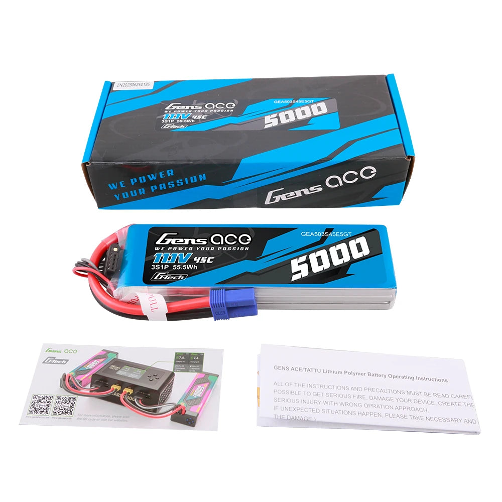 Gens ace 5000mAh 3S 45C 11.1V G-Tech Lipo Battery Pack with EC5 Plug
