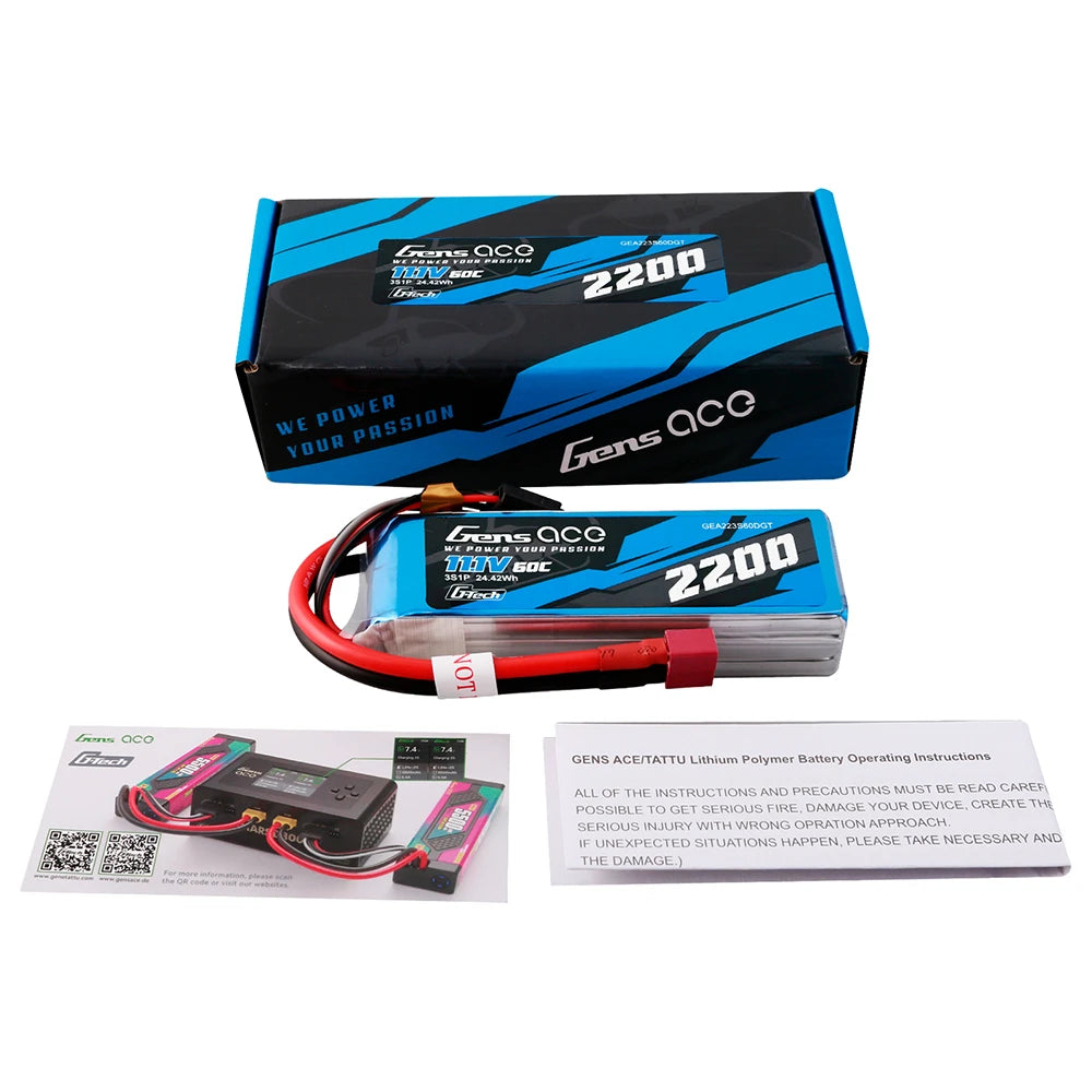Gens ace 2200mAh 3S 60C 11.1V G-Tech Lipo Battery Pack with Deans Plug