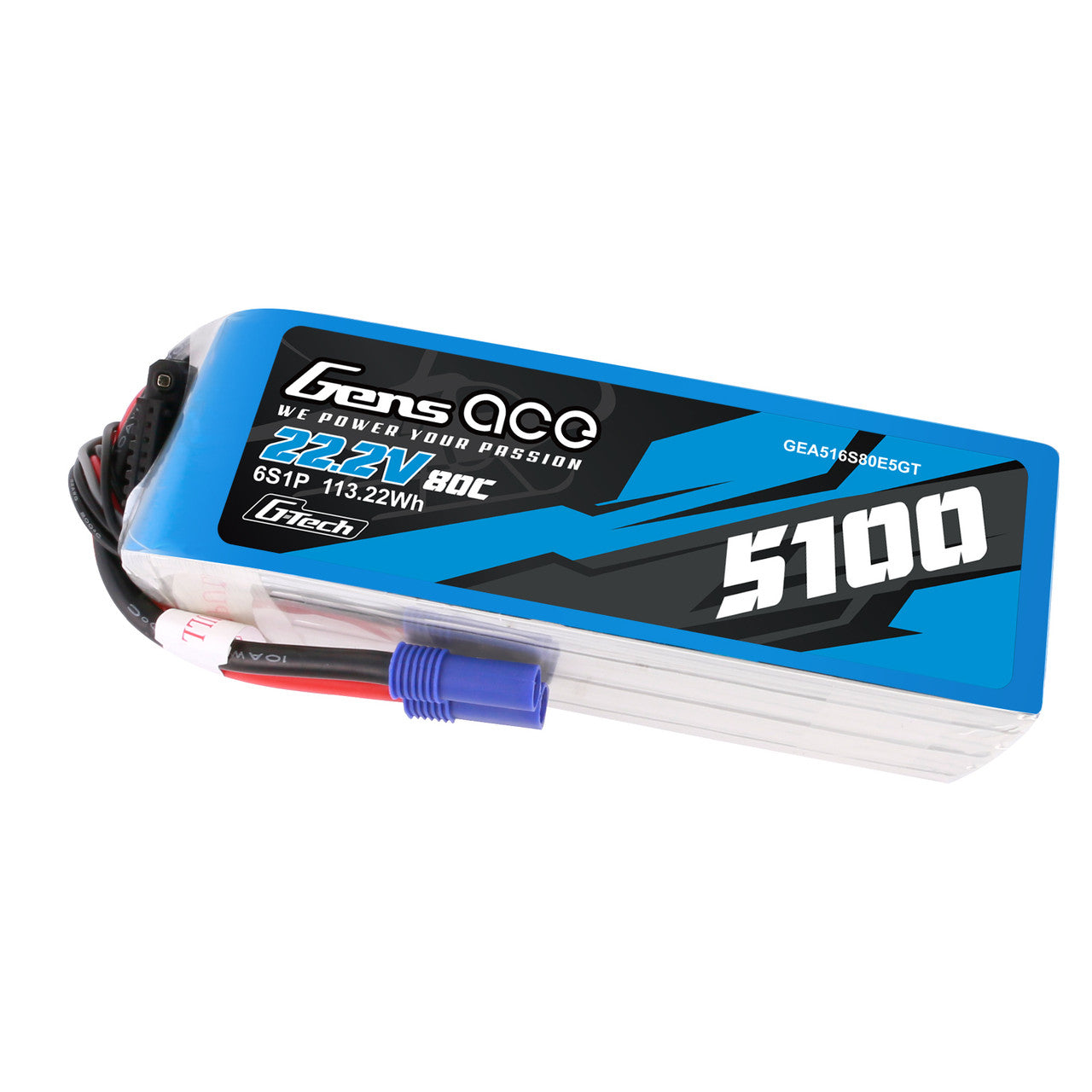 Gens Ace 5100mah 6S 80C 22.2V G-Tech Lipo Battery Pack With EC5 Plug