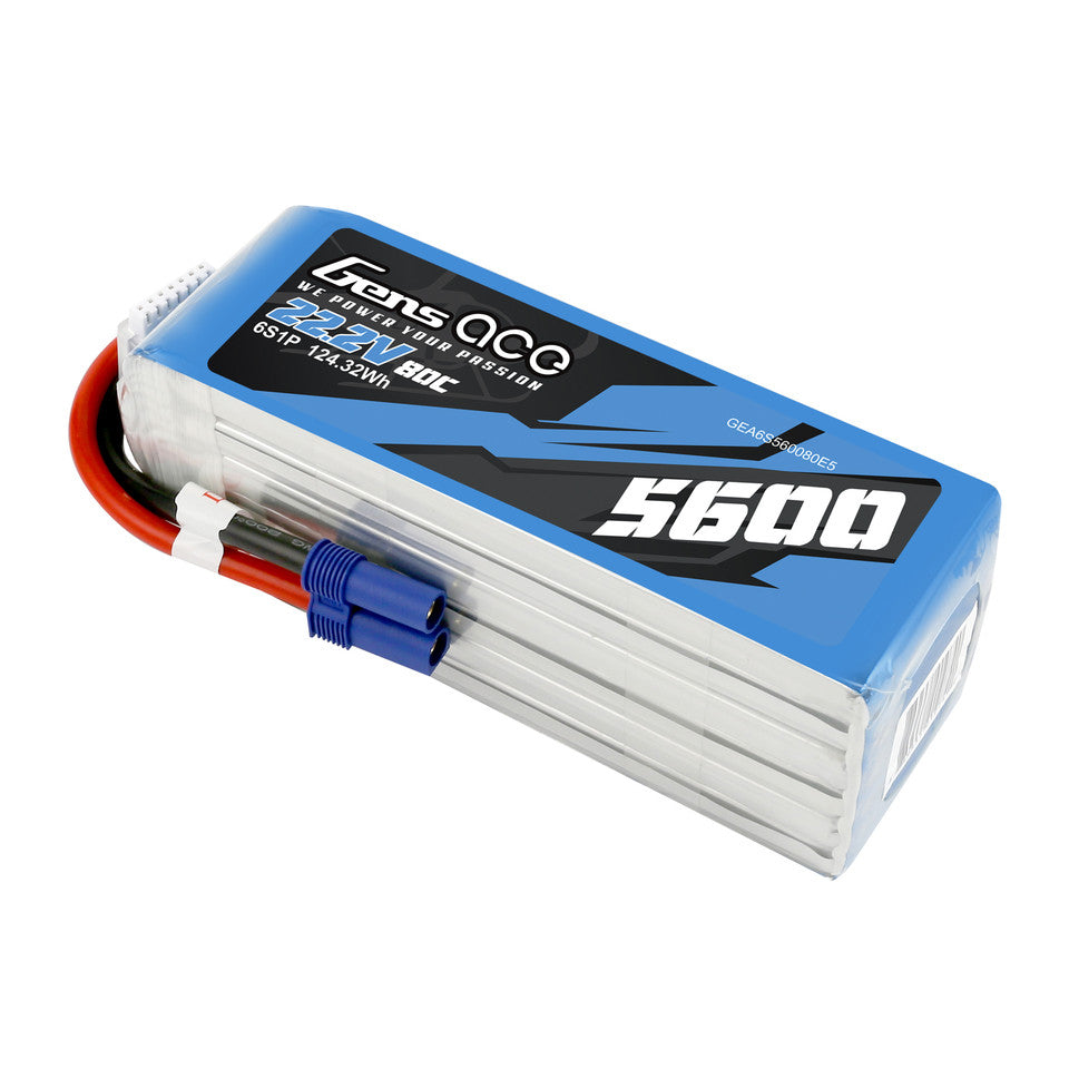 Gens ace 22.2V 80C 6S 5600mah Lipo Battery Pack with EC5 Plug