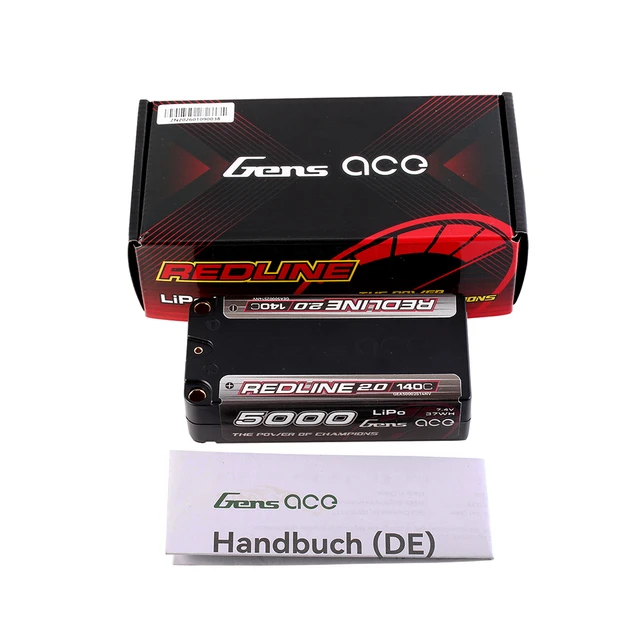 Gens ace 5000mAh 2S 140C 7.4V HardCase 63# Shorty Redline 2.0 Series Lipo Battery with 5.0mm bullet
