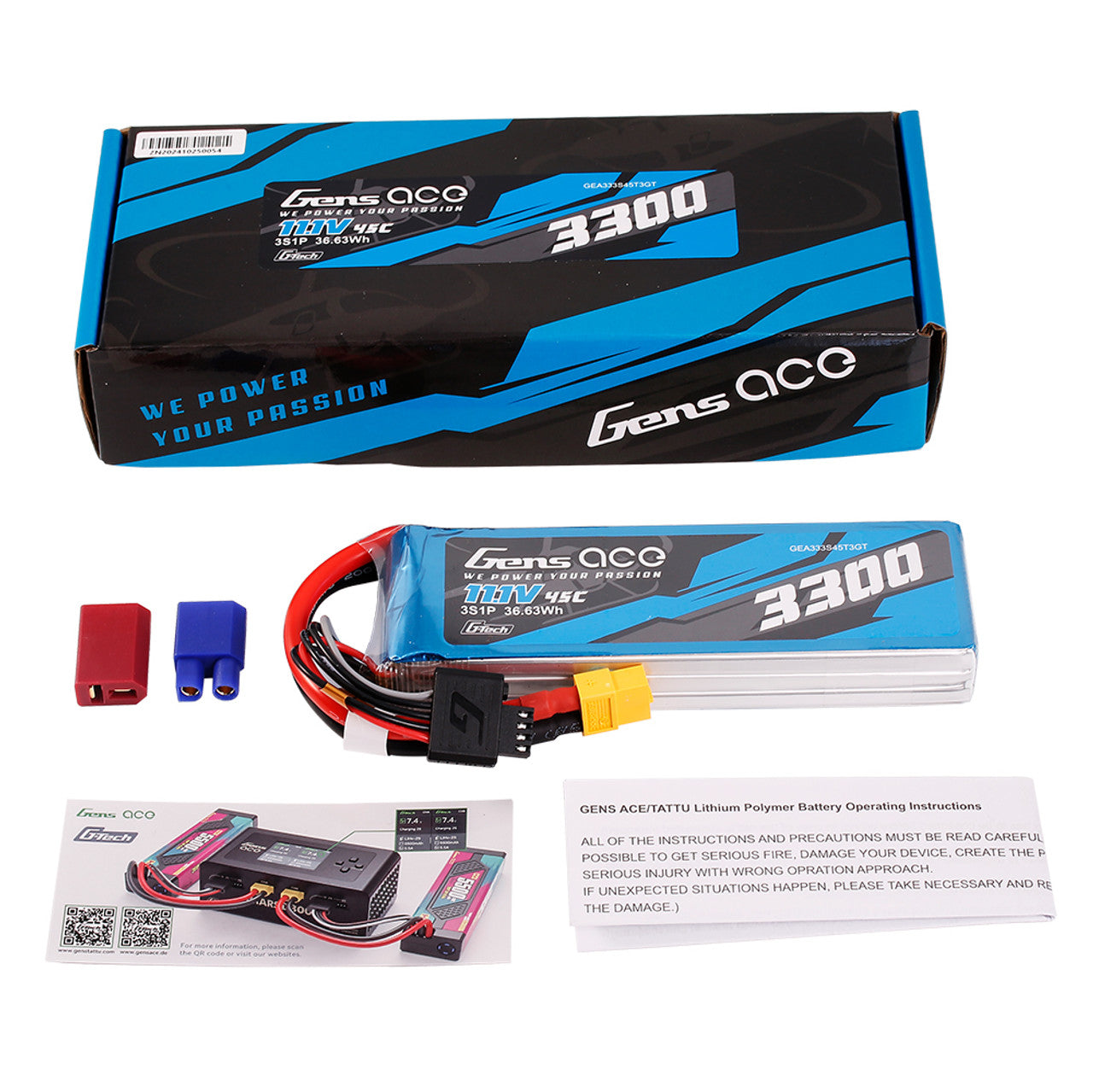 Gens Ace 3300mAh 3S 45C 11.1V G-Tech Lipo Battery Pack With EC3 And Deans Adapter