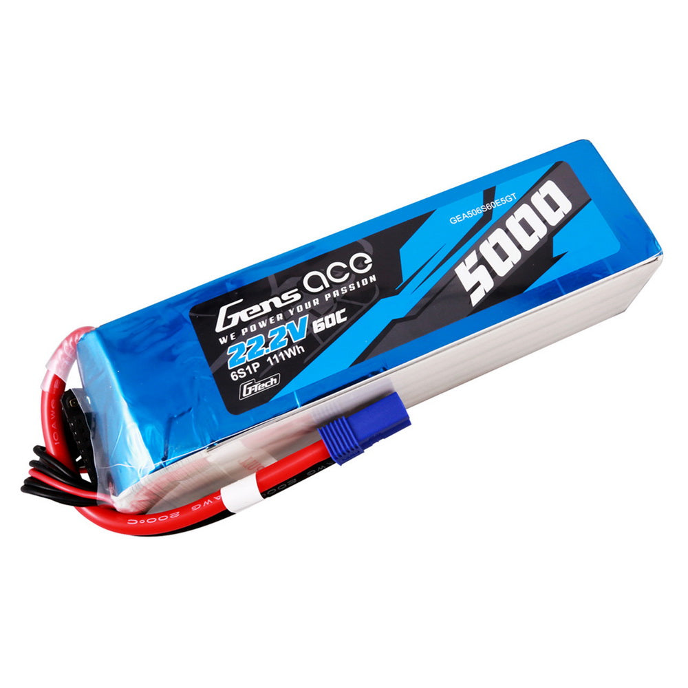 Gens ace 5000mAh 22.2V 60C 6S1P G-Tech Lipo Battery Pack with EC5 plug