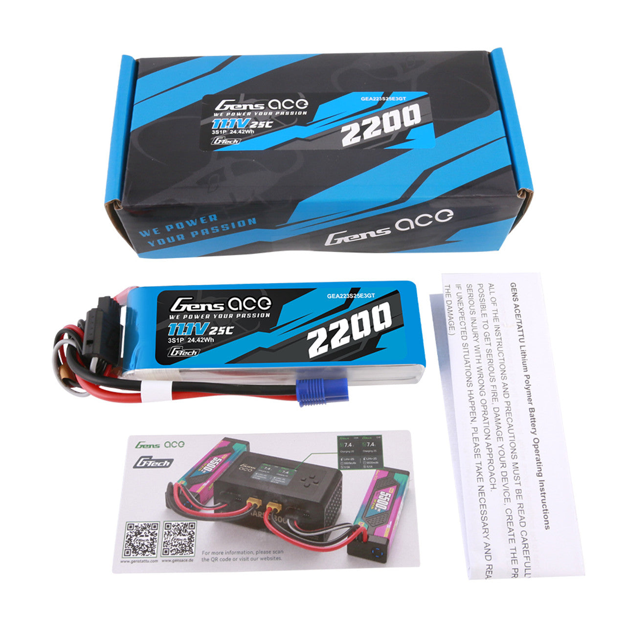 Gens Ace 2200mAh 3S 11.1V 25C G-Tech Lipo Battery Pack With EC3 Plug For RC Plane
