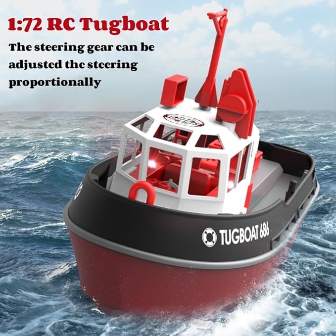 RC Boat, 1/72 RC Tugboat for Pools and Lakes, 2.4Ghz High-Speed Remote Control Boat with LED Lights and Low Battery Alarm
