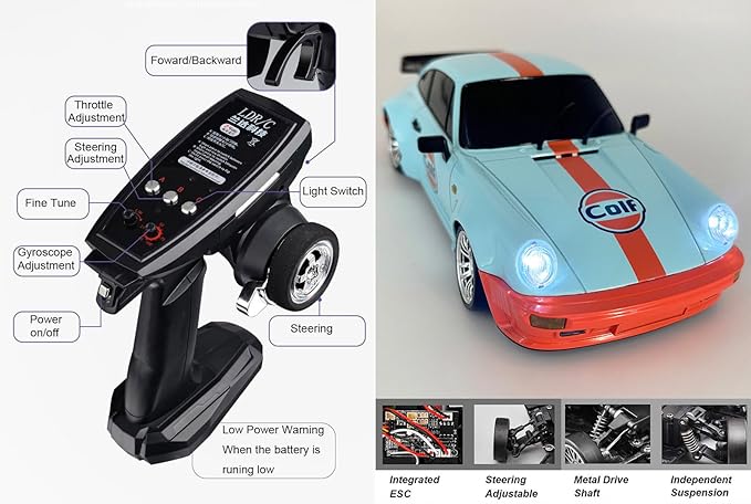 LDRC Posche 911 RC Drift Car 1/18 RWD Drifting with Extra Metal Tires & Wheel Hex Hub RC Cars for Adult with Alloy Car Shell 2.4Ghz Remote Control with Gyro Blue