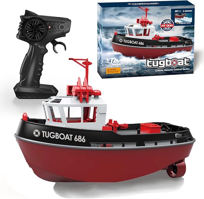 RC Boat, 1/72 RC Tugboat for Pools and Lakes, 2.4Ghz High-Speed Remote Control Boat with LED Lights and Low Battery Alarm