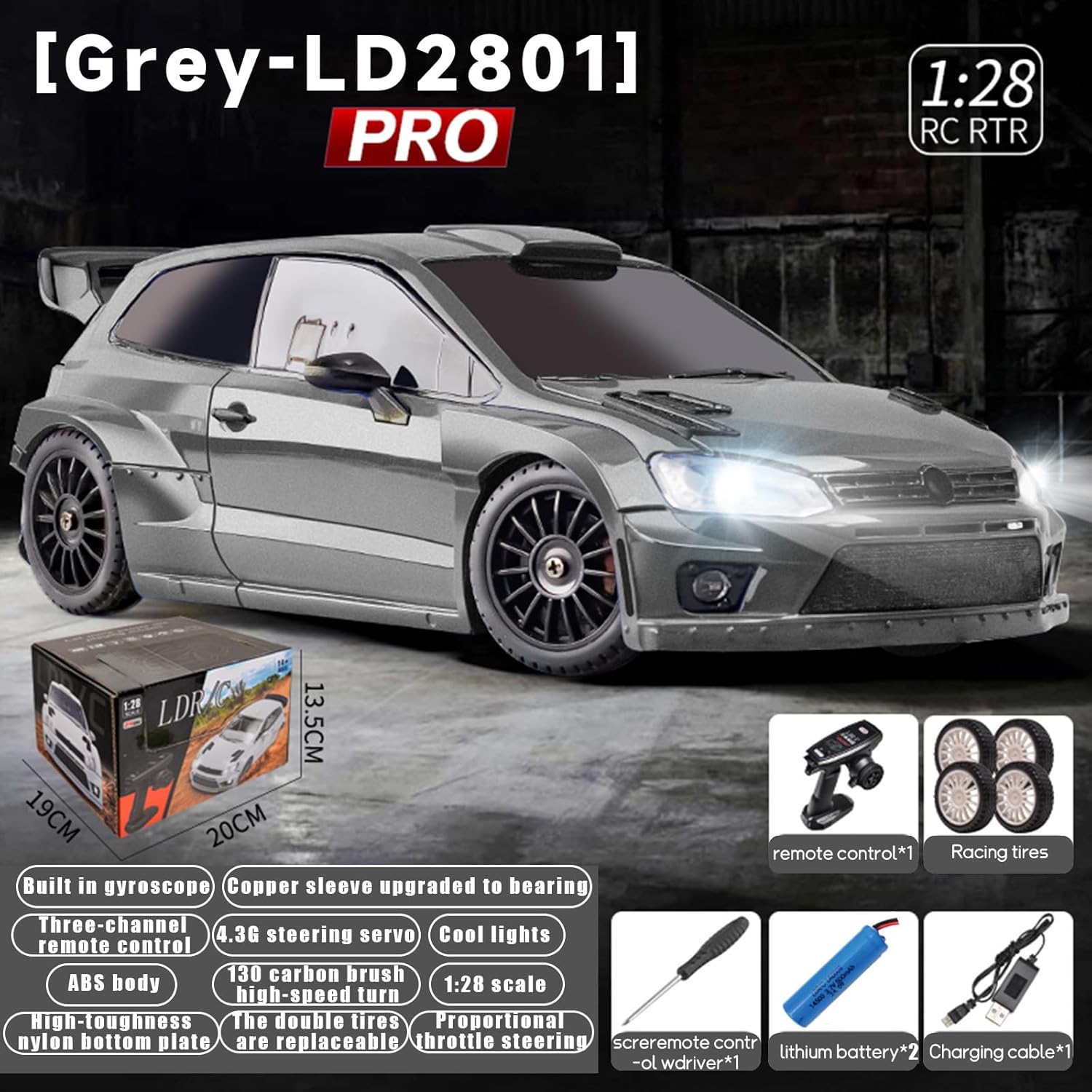 LDRC 2801PRO 1/28 Mini RC Drift Car GTR 2.4GHz 4WD RTR with Gyro and 4PCS Drift Tires Racing Radio Control Cars Gray