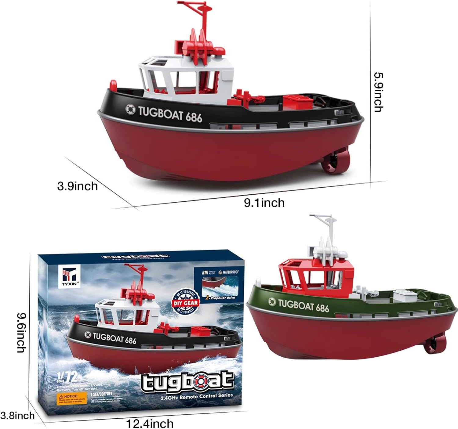 RC Boat, 1/72 RC Tugboat for Pools and Lakes, 2.4Ghz High-Speed Remote Control Boat with LED Lights and Low Battery Alarm