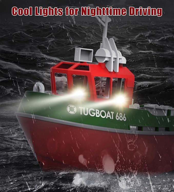 RC Boat, 1/72 RC Tugboat for Pools and Lakes, 2.4Ghz High-Speed Remote Control Boat with LED Lights and Low Battery Alarm