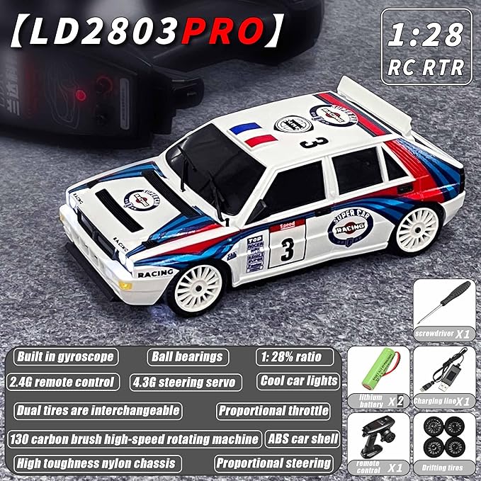 LDRC 2803PRO 1/28 Mini RC Drift Car GTR 2.4GHz 4WD RTR with Gyro and 4PCS Drift Tires Racing Radio Control Cars (White)