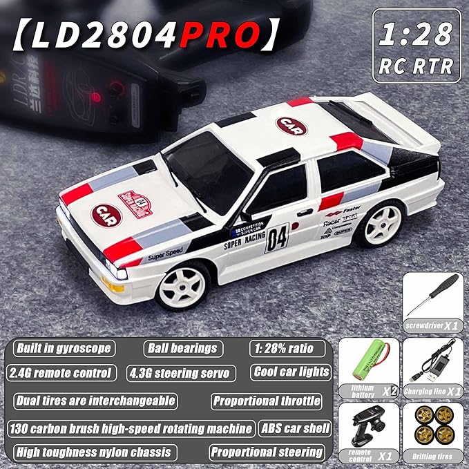 LDRC 2804PRO 1/28 Mini RC Drift Car GTR 2.4GHz 4WD RTR with Gyro and 4PCS Drift Tires Racing Radio Control Cars (White)