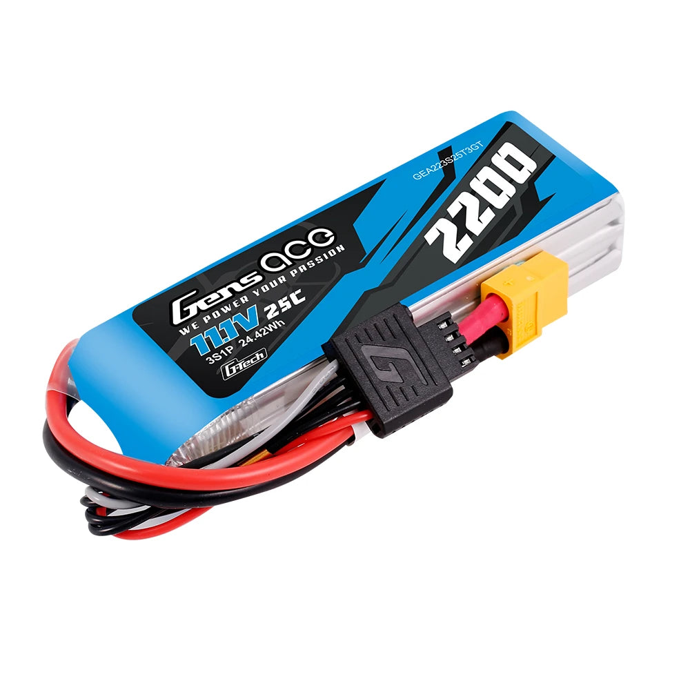 Gens Ace G-Tech 2200mAh 11.1V 3S1P 25C Lipo Battery Pack With EC3, Deans And XT60 Adapter