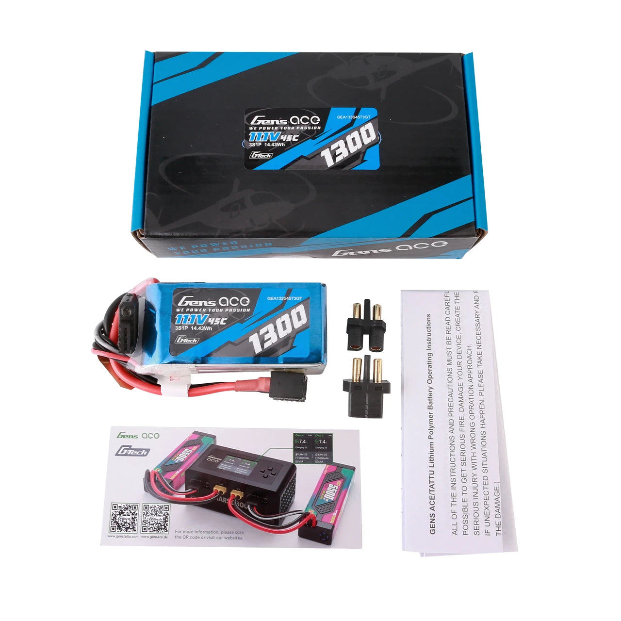 Gens ace 1300mAh 3S 45C 11.1V G-Tech Lipo Battery Pack with EC3 and Deans adapter