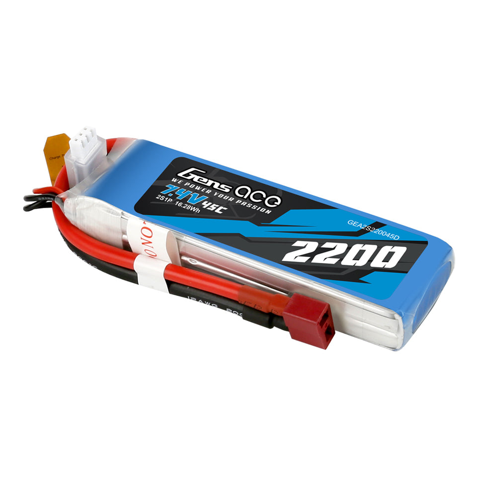 Gens Ace 2200mAh 45C 7.4V 2S1P Lipo Battery Pack With Deans Plug