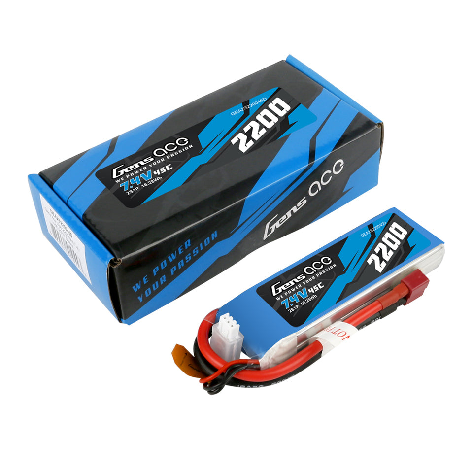 Gens Ace 2200mAh 45C 7.4V 2S1P Lipo Battery Pack With Deans Plug